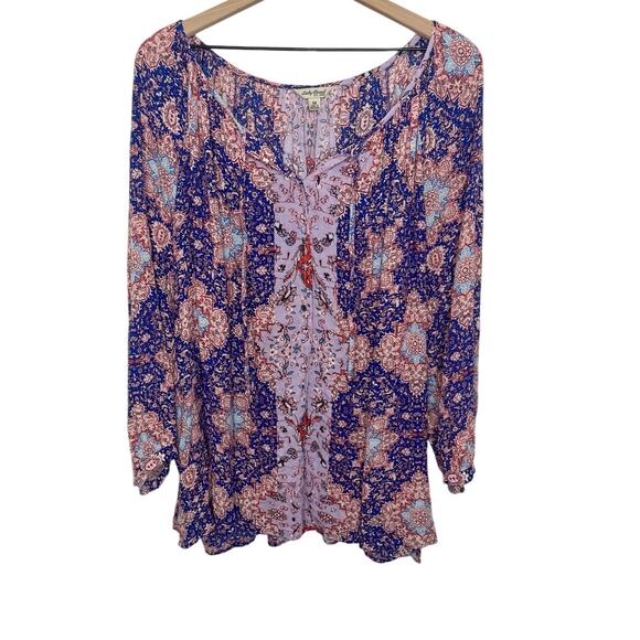 LUCKY BRAND Women's PLUS 3X Floral Print Button Popover Blouse Peasant Top - Picture 2 of 16